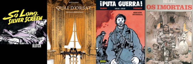 두 작가가 주목하는 프랑스의 만화가들. 왼쪽부터 블러치(Blutch), 크리스토프 블랭(Christophe Blain), 자크 타르디 (Jacques Tardi), 엔키 빌랄(Enki Bilal)의 작품들. 