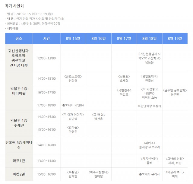 부천국제만화축제, 작가사인회, 작가