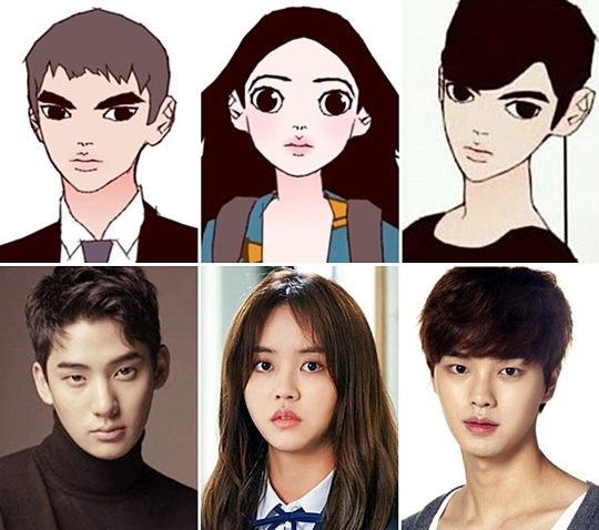 웹툰 주인공과 꼭 닮은 캐스팅으로 화제를 모으고 있는 넷플릭스 드라마 ‘좋아하면 울리는’의 원작 캐릭터(윗줄)와 배우들. 아래 왼쪽 사진부터 정가람(이혜영 역), 김소현(김조조 역), 송강(황선오 역). 다음 웹툰, 각 소속사 제공